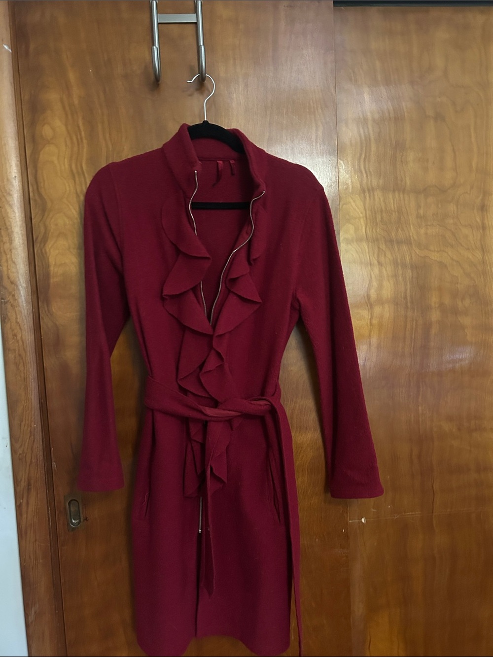 Women's Ruffle Wrap Coat- Deep Red